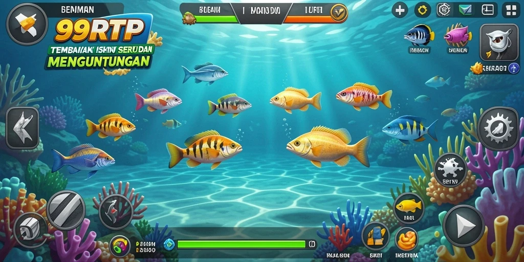 Tampilan gameplay 99RTP dengan ikan berwarna-warni yang menarik.