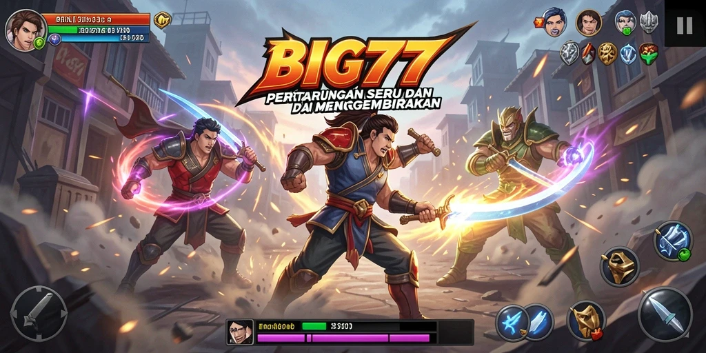 Screenshot utama BIG77 menampilkan pertarungan epik dengan karakter yang beraksi.