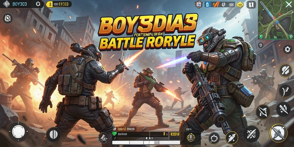 Screenshot BOY303 menampilkan aksi pertempuran intens di arena Battle Royale.