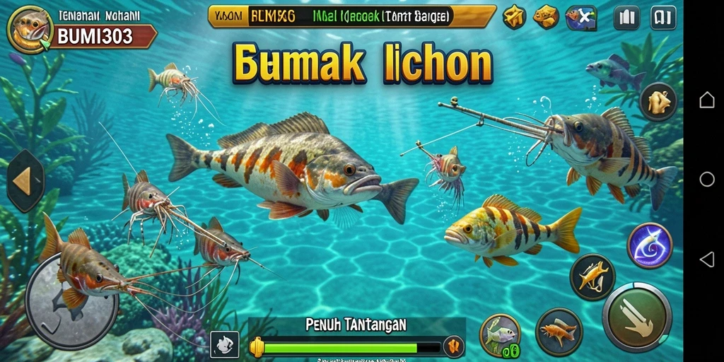 Tampilan gameplay seru dalam BUMI303 menunjukkan aksi Tembak Ikan yang mendebarkan.