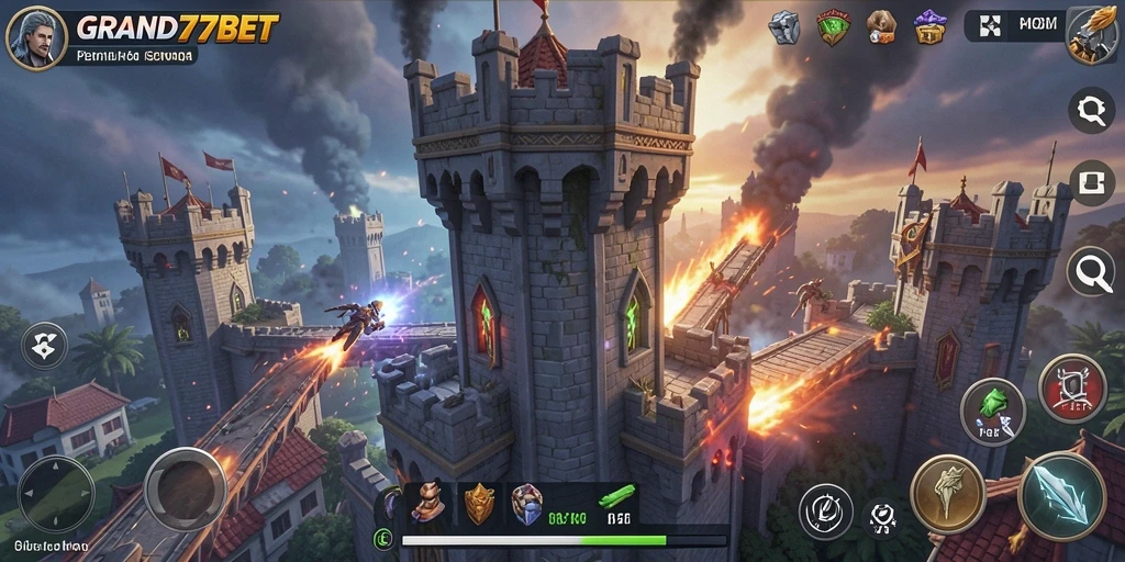 Screenshot gameplay <strong>GRAND77BET</strong> menampilkan suasana pertahanan menara yang menegangkan.