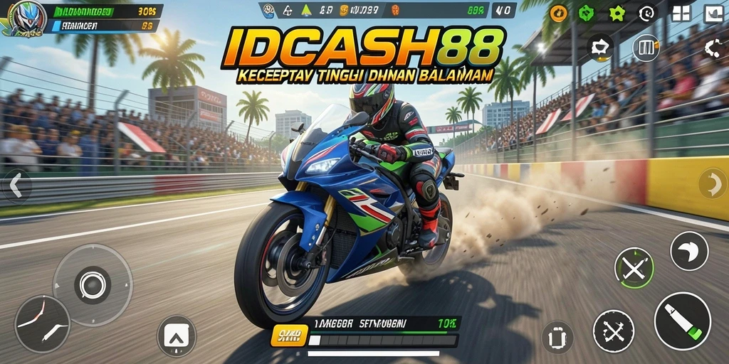 Gameplay mendebarkan dari IDCASH88 saat balapan motor.