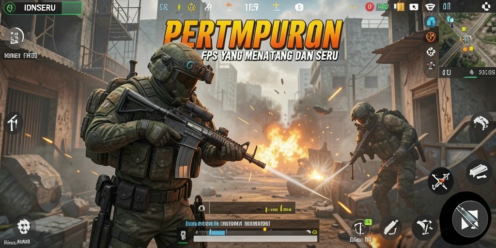 Tampilan gameplay mendebarkan dari IDNSERU dalam pertempuran FPS.