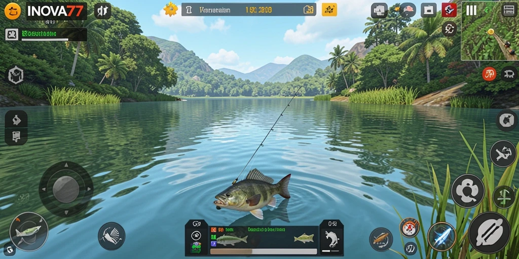 Screenshot menunjukkan gameplay memancing yang seru dan mendebarkan.
