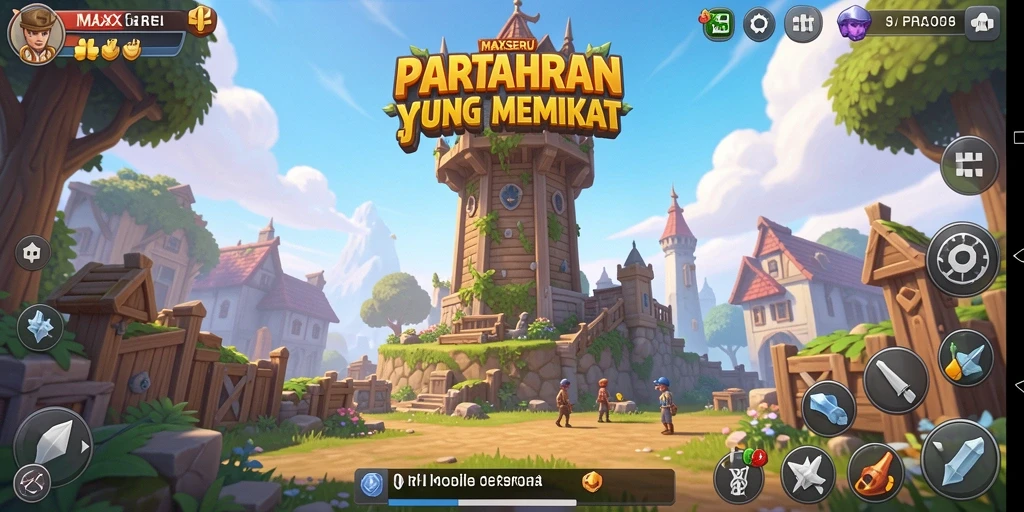 Gameplay MAXSERU yang menegangkan dengan berbagai menara pertahanan.