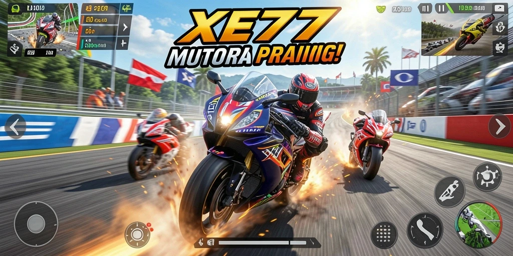 Screenshot permainan XE77 menampilkan aksi balapan motor yang mendebarkan.